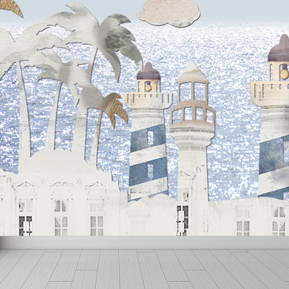 Whole Houses Drawing Mural Childrens Art Cute Architecture Wall Covering in Pastel Color Grey Clearhalo 'Wall Decor' 'Wall Mural' 1696541