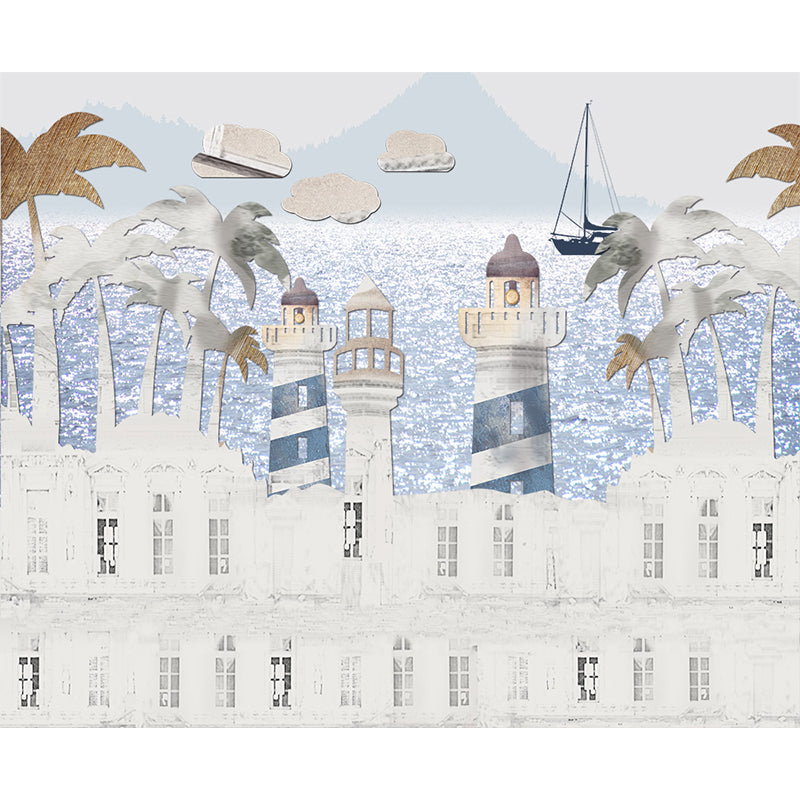 Whole Houses Drawing Mural Childrens Art Cute Architecture Wall Covering in Pastel Color Clearhalo 'Wall Decor' 'Wall Mural' 1696544