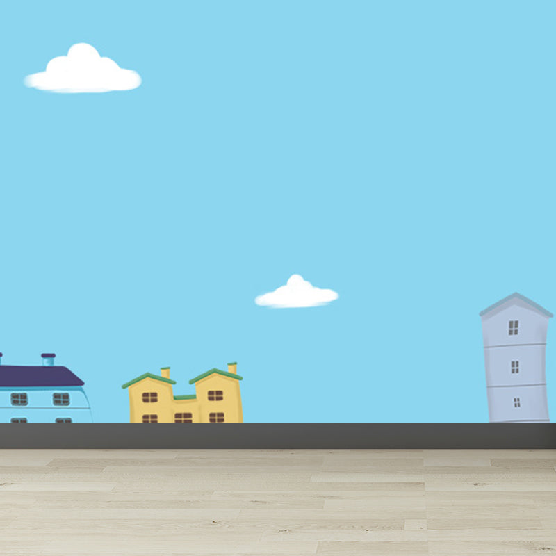 Whole Houses Drawing Mural Childrens Art Cute Architecture Wall Covering in Pastel Color Blue Clearhalo 'Wall Decor' 'Wall Mural' 1696546