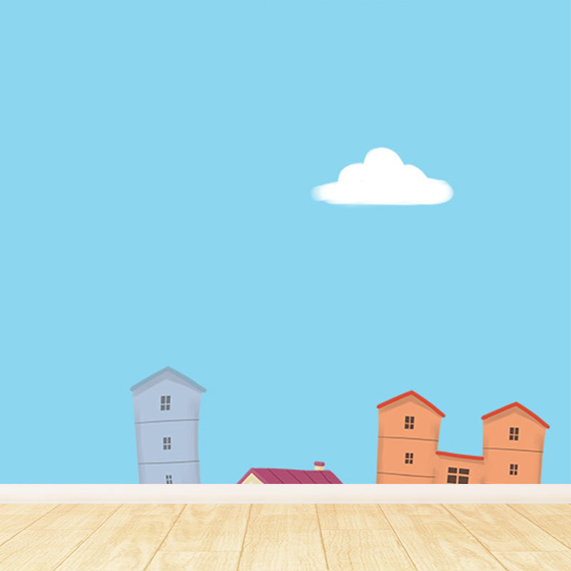 Whole Houses Drawing Mural Childrens Art Cute Architecture Wall Covering in Pastel Color Clearhalo 'Wall Decor' 'Wall Mural' 1696547