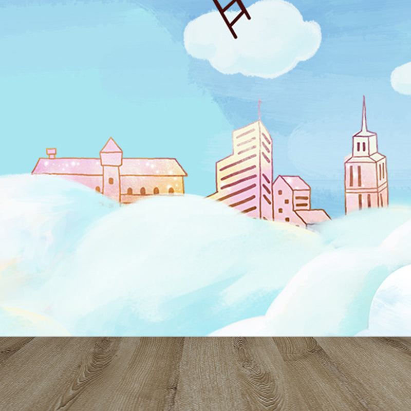 Whole Houses Drawing Mural Childrens Art Cute Architecture Wall Covering in Pastel Color Clearhalo 'Wall Decor' 'Wall Mural' 1696552