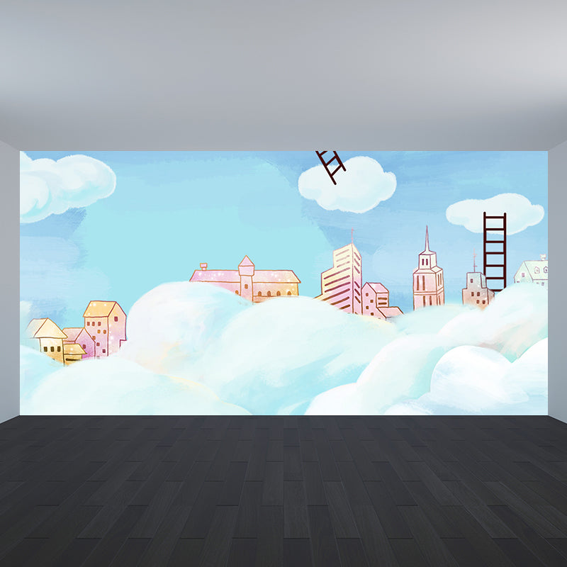 Whole Houses Drawing Mural Childrens Art Cute Architecture Wall Covering in Pastel Color Clearhalo 'Wall Decor' 'Wall Mural' 1696553