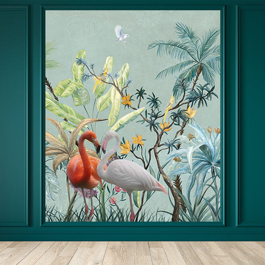 Big Flamingo Mural Decal Tropix Misty Lake Scenery Wall Art in Blue for House Interior Clearhalo 'Wall Decor' 'Wall Mural' 1696557