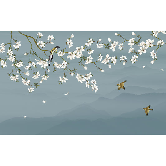 Bird and Flower Branch Mural for Home Misty Mountain Landscape Wall Art in Blue for Decor Clearhalo 'Wall Decor' 'Wall Mural' 1696564