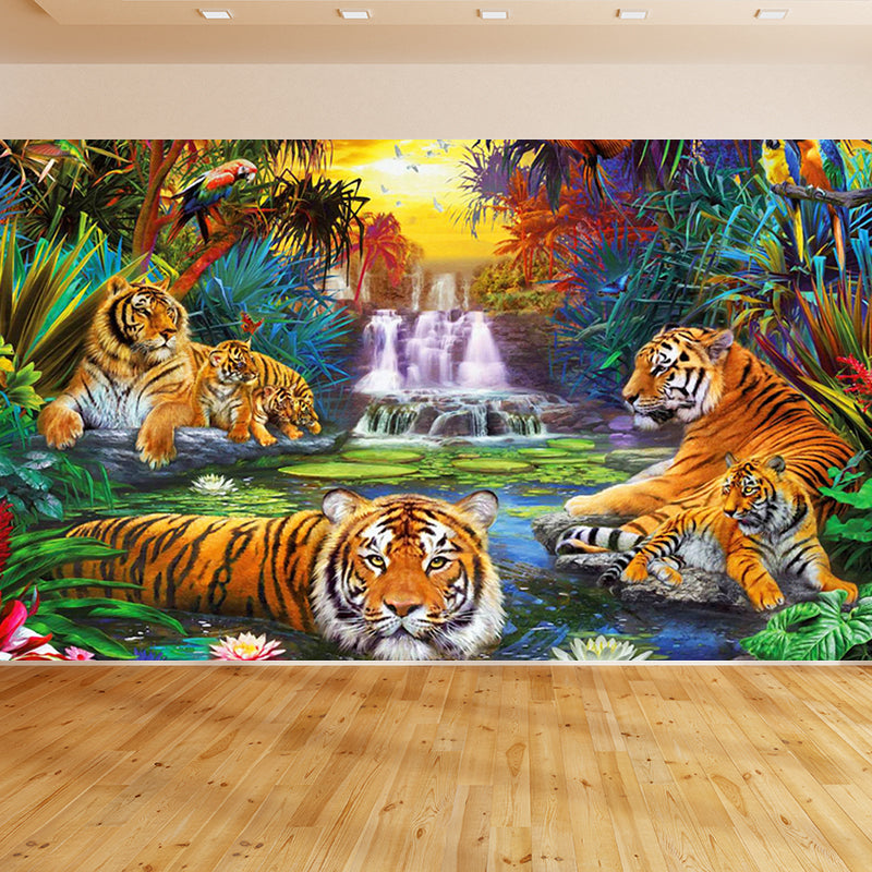 Jungle Cascade and Tiger Mural Wallpaper Modern Non-Woven Cloth Wall Art in Green Clearhalo 'Wall Decor' 'Wall Mural' 1696572
