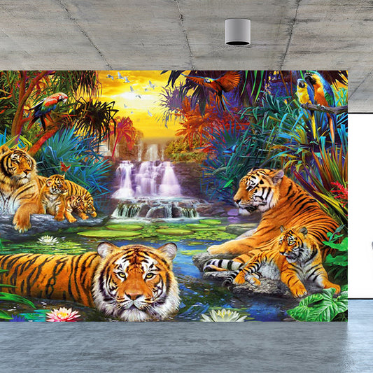Jungle Cascade and Tiger Mural Wallpaper Modern Non-Woven Cloth Wall Art in Green Clearhalo 'Wall Decor' 'Wall Mural' 1696573