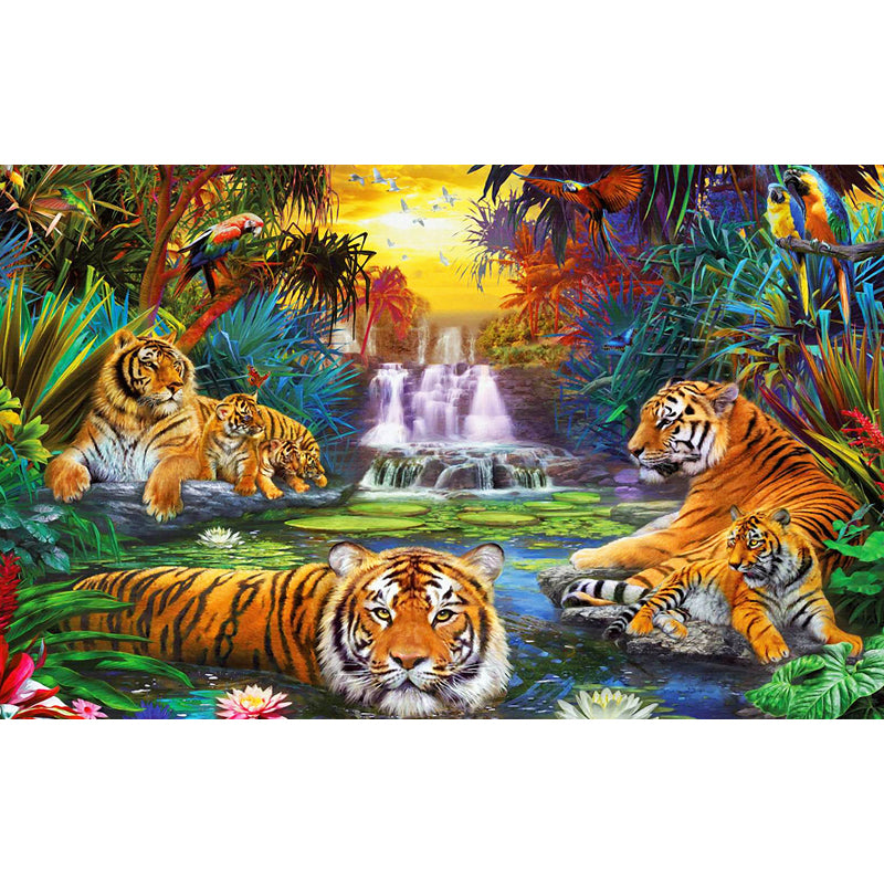 Jungle Cascade and Tiger Mural Wallpaper Modern Non-Woven Cloth Wall Art in Green Clearhalo 'Wall Decor' 'Wall Mural' 1696574