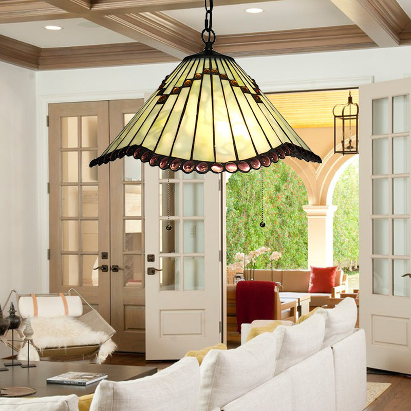 Tiffany-Style Cone/Swag/Wavy Pendant Lighting 1 Bulb Beige Hand Cut Glass Hanging Light Fixture for Living Room Beige Wavy Clearhalo 'Ceiling Lights' 'Industrial' 'Middle Century Pendants' 'Pendant Lights' 'Pendants' 'Tiffany close to ceiling' 'Tiffany Pendants' 'Tiffany' Lighting' 169667