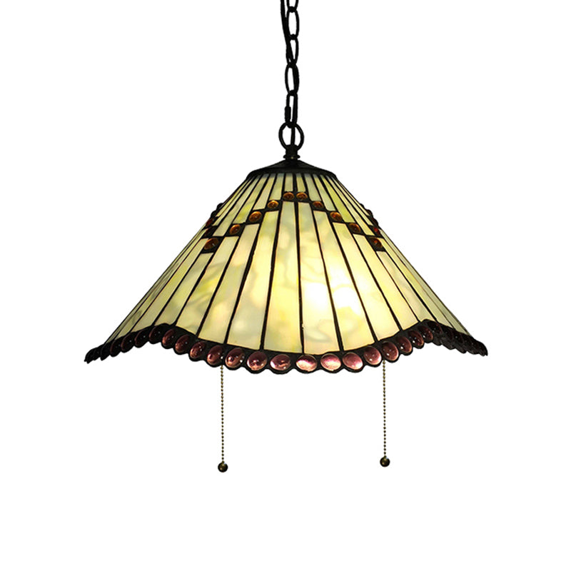 Tiffany-Style Cone/Swag/Wavy Pendant Lighting 1 Bulb Beige Hand Cut Glass Hanging Light Fixture for Living Room Clearhalo 'Ceiling Lights' 'Industrial' 'Middle Century Pendants' 'Pendant Lights' 'Pendants' 'Tiffany close to ceiling' 'Tiffany Pendants' 'Tiffany' Lighting' 169668