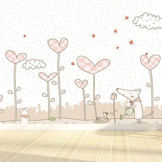 Pink Cartoon Wall Covering Mural Whole Heart-Shaped Plant Wall Art for Kids Bedroom