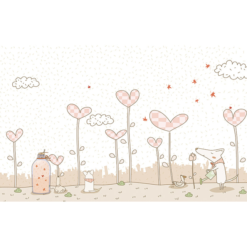 Pink Cartoon Wall Covering Mural Whole Heart-Shaped Plant Wall Art for Kids Bedroom Clearhalo 'Wall Decor' 'Wall Mural' 1696821