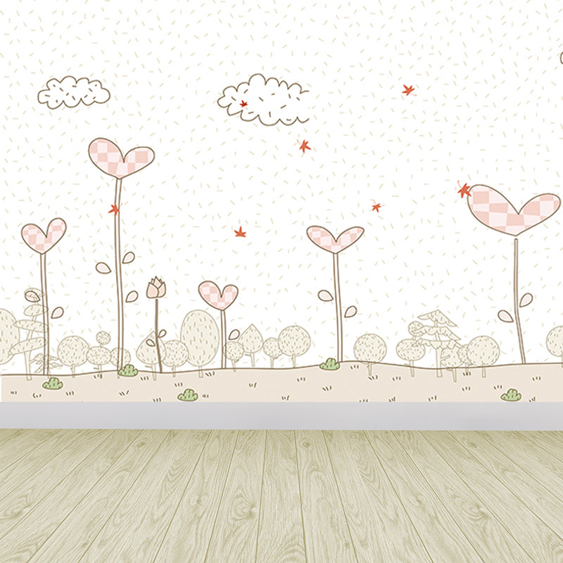 Pink Cartoon Wall Covering Mural Whole Heart-Shaped Plant Wall Art for Kids Bedroom Pink Clearhalo 'Wall Decor' 'Wall Mural' 1696823