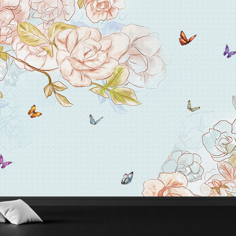 Contemporary Flower Branch Wall Mural Soft Color Decorative Wall Art for Living Room Blue Clearhalo 'Wall Decor' 'Wall Mural' 1696947