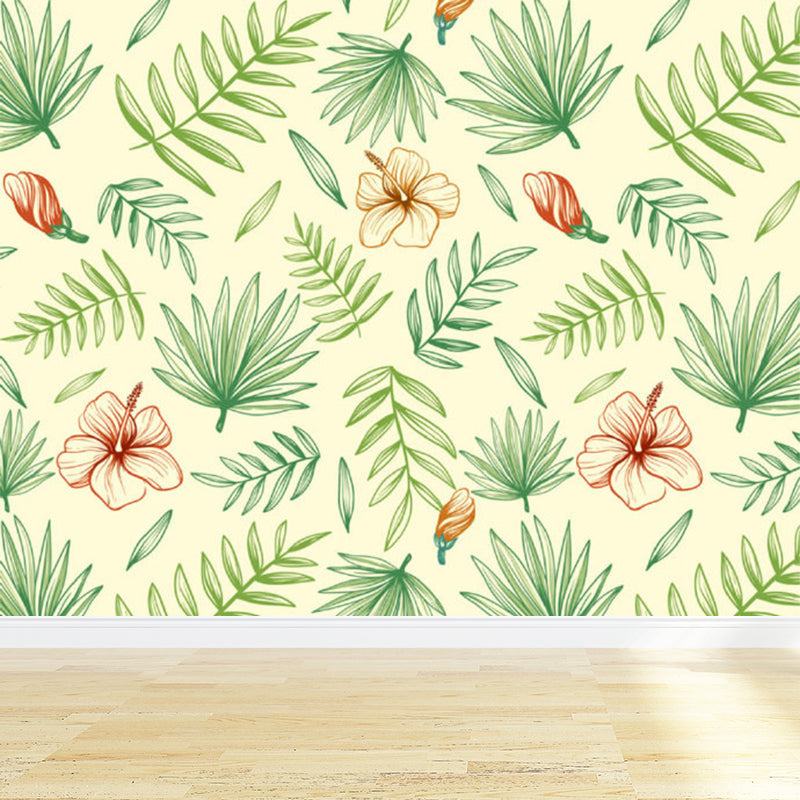 Green Flowers and Leaves Mural Wallpaper Moisture-Proof Wall Art for Dining Room Green Clearhalo 'Wall Decor' 'Wall Mural' 1696987