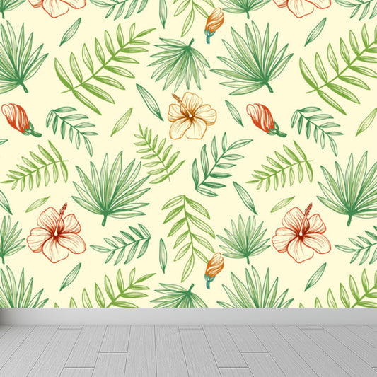 Green Flowers and Leaves Mural Wallpaper Moisture-Proof Wall Art for Dining Room Clearhalo 'Wall Decor' 'Wall Mural' 1696988