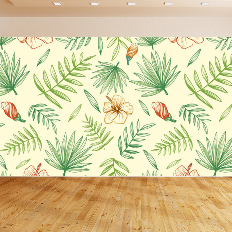 Green Flowers and Leaves Mural Wallpaper Moisture-Proof Wall Art for Dining Room Clearhalo 'Wall Decor' 'Wall Mural' 1696989