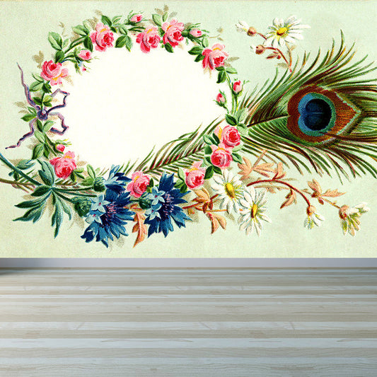 Illustration Style Wreath Mural Decal for Dining Room, Green, Custom Size Available