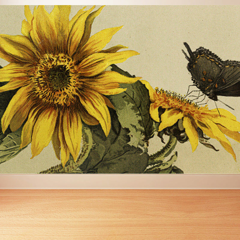 Large Sunflower and Butterfly Mural Contemporary Florentine Scene Wall Decor in Brown Clearhalo 'Wall Decor' 'Wall Mural' 1697018