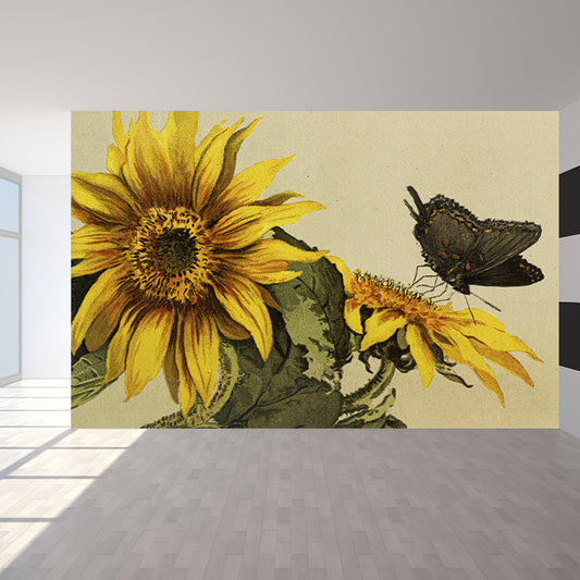 Large Sunflower and Butterfly Mural Contemporary Florentine Scene Wall Decor in Brown Clearhalo 'Wall Decor' 'Wall Mural' 1697019