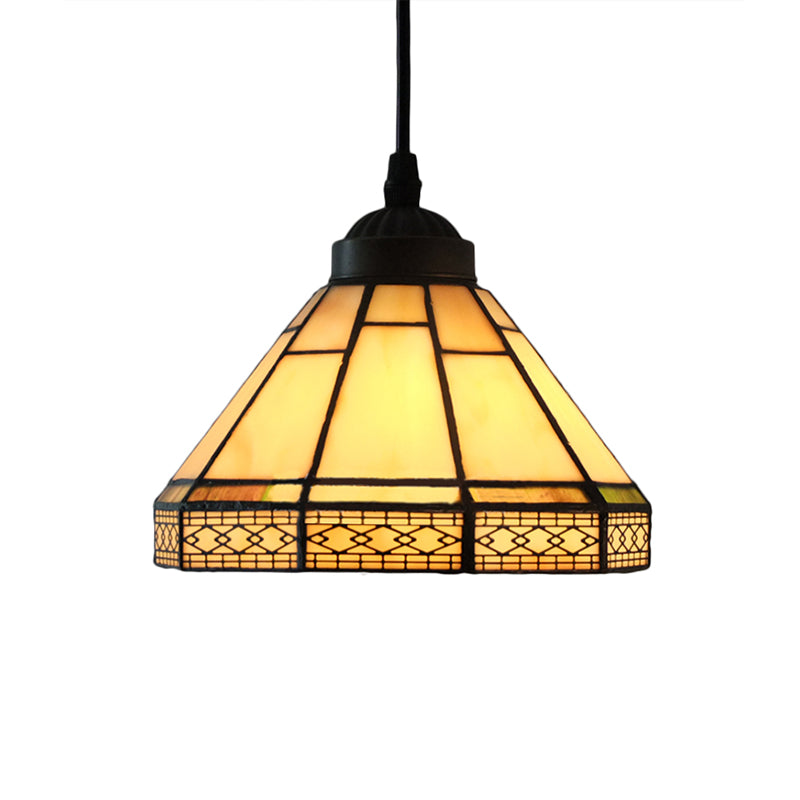 Cone Hanging Light Fixture Mission Cut Glass 8"/12"/16" W 1 Light Antique Brass Suspension Pendant for Living Room Clearhalo 'Ceiling Lights' 'Industrial' 'Middle Century Pendants' 'Pendant Lights' 'Pendants' 'Tiffany close to ceiling' 'Tiffany Pendants' 'Tiffany' Lighting' 169702