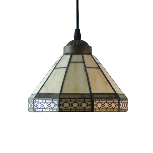 Cone Hanging Light Fixture Mission Cut Glass 8"/12"/16" W 1 Light Antique Brass Suspension Pendant for Living Room Clearhalo 'Ceiling Lights' 'Industrial' 'Middle Century Pendants' 'Pendant Lights' 'Pendants' 'Tiffany close to ceiling' 'Tiffany Pendants' 'Tiffany' Lighting' 169703