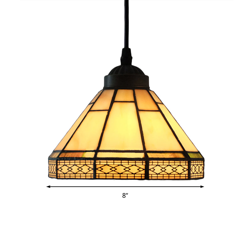 Cone Hanging Light Fixture Mission Cut Glass 8"/12"/16" W 1 Light Antique Brass Suspension Pendant for Living Room Clearhalo 'Ceiling Lights' 'Industrial' 'Middle Century Pendants' 'Pendant Lights' 'Pendants' 'Tiffany close to ceiling' 'Tiffany Pendants' 'Tiffany' Lighting' 169704