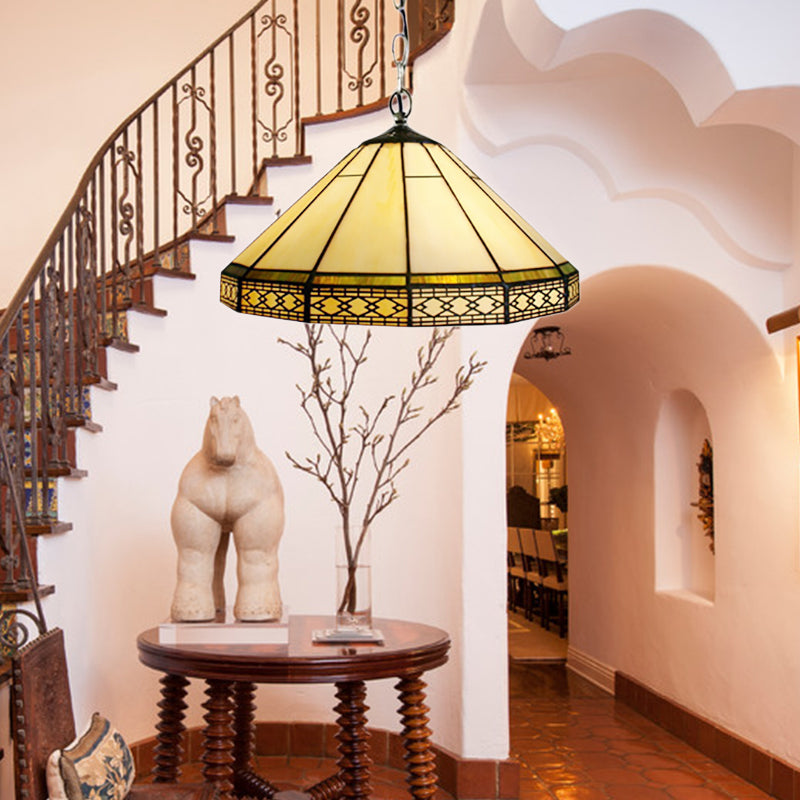 Cone Hanging Light Fixture Mission Cut Glass 8"/12"/16" W 1 Light Antique Brass Suspension Pendant for Living Room Antique Brass Clearhalo 'Ceiling Lights' 'Industrial' 'Middle Century Pendants' 'Pendant Lights' 'Pendants' 'Tiffany close to ceiling' 'Tiffany Pendants' 'Tiffany' Lighting' 169705