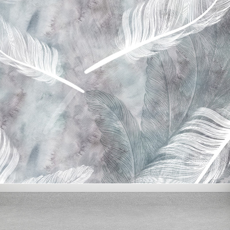 Huge Bird Feather Mural for Bedroom Animals Wall Art in Light Color, Stain Resistant Grey Clearhalo 'Wall Decor' 'Wall Mural' 1697157