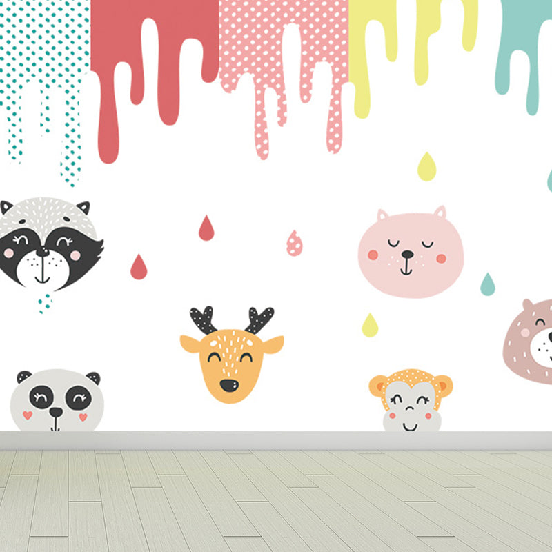 Kawaii Animal Wall Paper Mural for Children Bedroom Hand Printed Wall Art, Custom Size Green Clearhalo 'Wall Decor' 'Wall Mural' 1697247