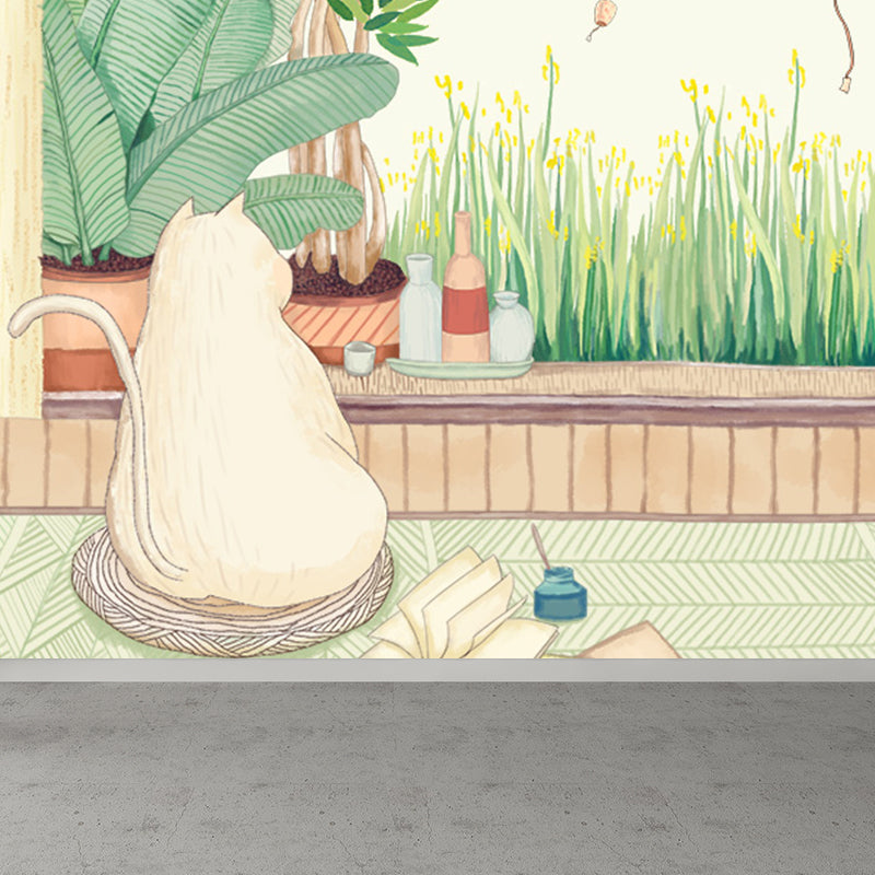 Kawaii Animal Wall Paper Mural for Children Bedroom Hand Printed Wall Art, Custom Size Brown Clearhalo 'Wall Decor' 'Wall Mural' 1697252