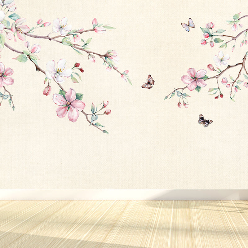 Hand Printed Peach Blossom Mural Wallpaper Modern Non-Woven Wall Covering in Pink Pink Clearhalo 'Wall Decor' 'Wall Mural' 1697282