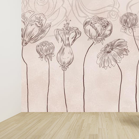 Pencil Drawing Flowers Wall Mural Pink Modern Style Walll Art for House Interior Clearhalo 'Wall Decor' 'Wall Mural' 1697309