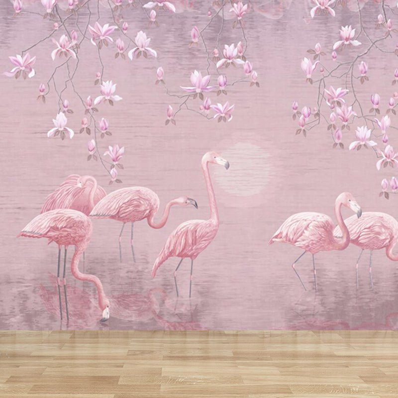 Lotus Pond Flamingo Wall Mural Tropical Non-Woven Material Wall Decor for Bedroom Clearhalo 'Wall Decor' 'Wall Mural' 1697323