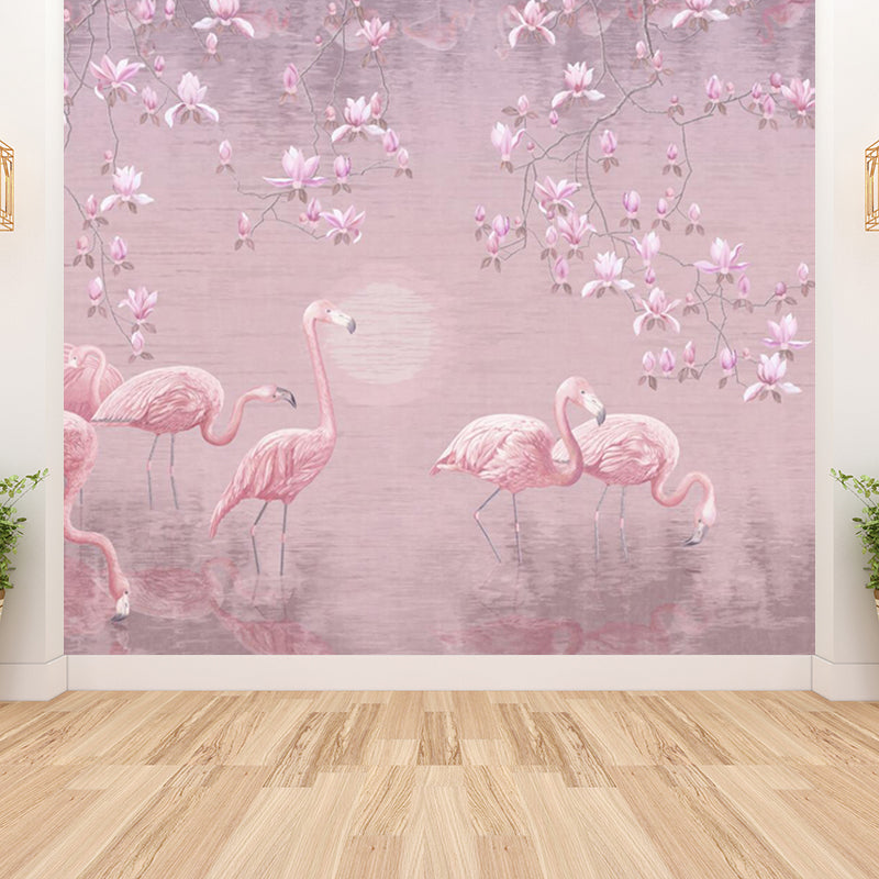 Lotus Pond Flamingo Wall Mural Tropical Non-Woven Material Wall Decor for Bedroom Clearhalo 'Wall Decor' 'Wall Mural' 1697324