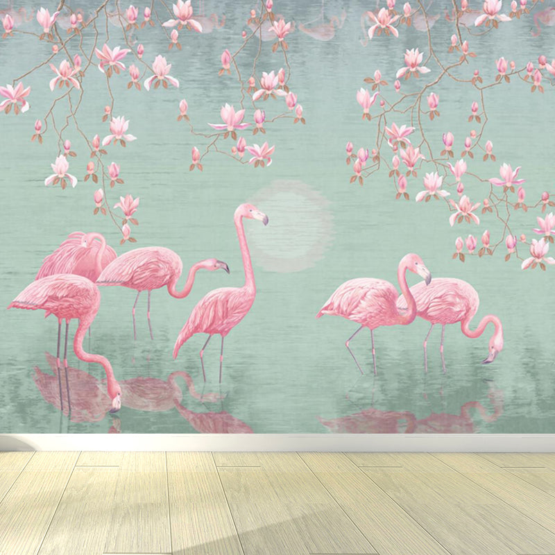 Lotus Pond Flamingo Wall Mural Tropical Non-Woven Material Wall Decor for Bedroom Green Clearhalo 'Wall Decor' 'Wall Mural' 1697327