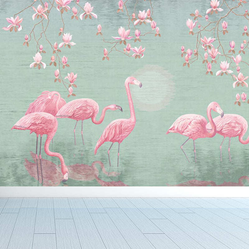 Lotus Pond Flamingo Wall Mural Tropical Non-Woven Material Wall Decor for Bedroom Clearhalo 'Wall Decor' 'Wall Mural' 1697328