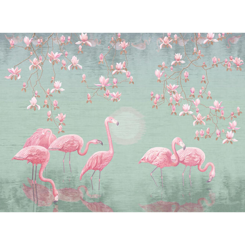 Lotus Pond Flamingo Wall Mural Tropical Non-Woven Material Wall Decor for Bedroom Clearhalo 'Wall Decor' 'Wall Mural' 1697330