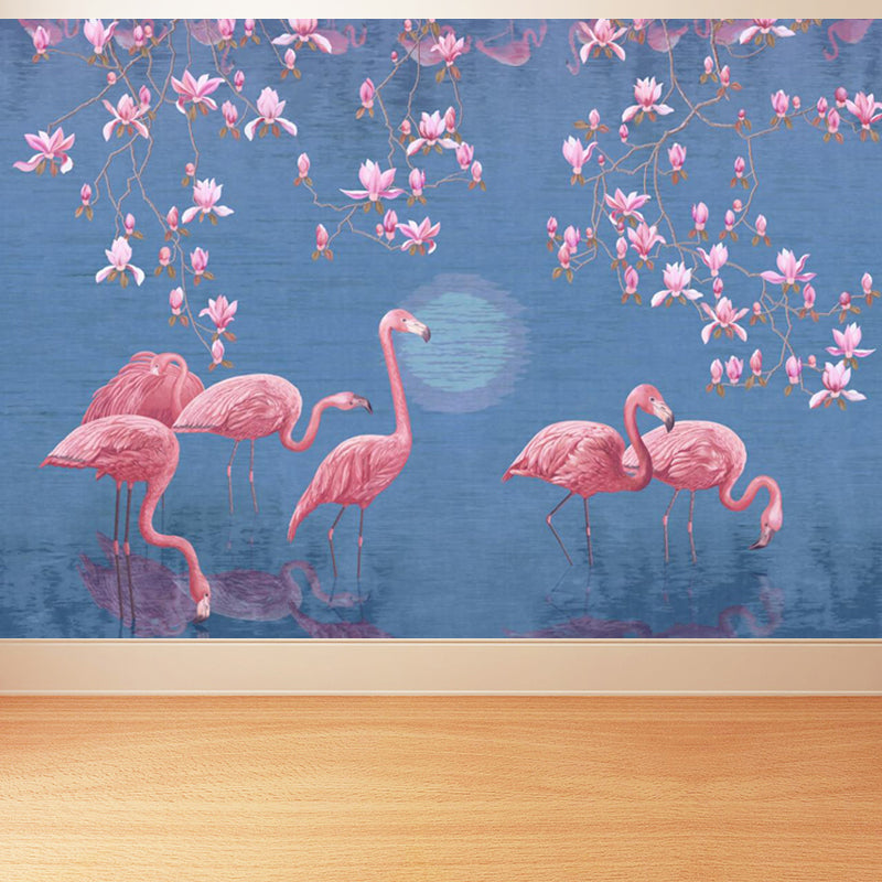 Lotus Pond Flamingo Wall Mural Tropical Non-Woven Material Wall Decor for Bedroom Blue Clearhalo 'Wall Decor' 'Wall Mural' 1697332