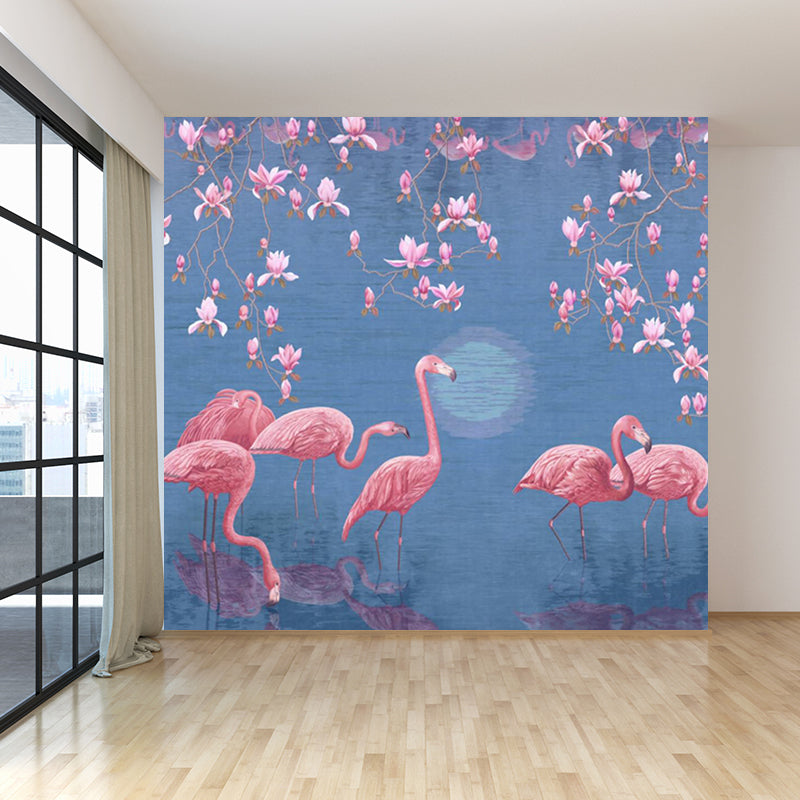 Lotus Pond Flamingo Wall Mural Tropical Non-Woven Material Wall Decor for Bedroom Clearhalo 'Wall Decor' 'Wall Mural' 1697333