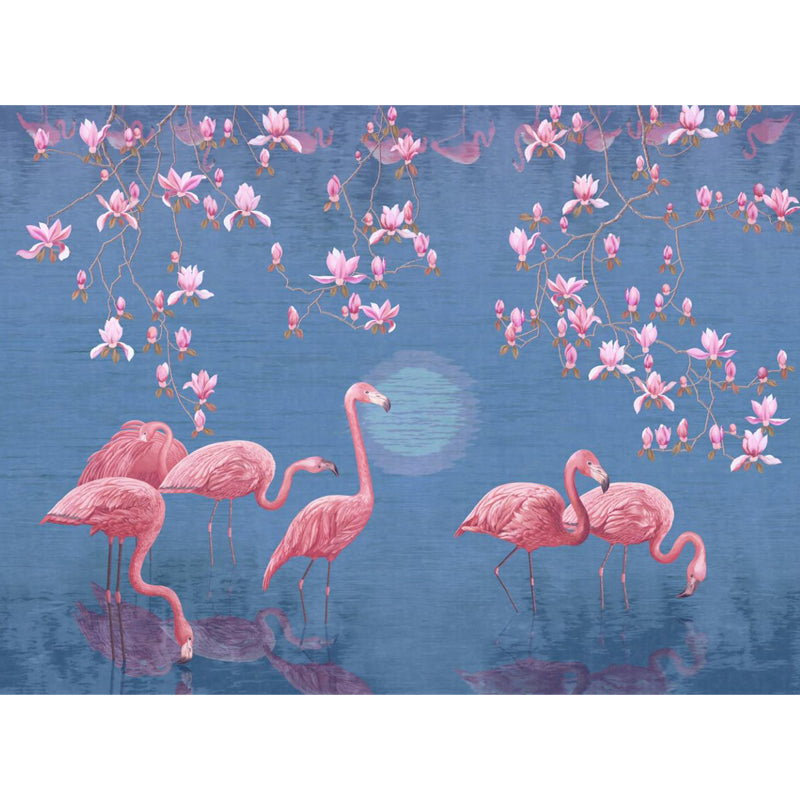 Lotus Pond Flamingo Wall Mural Tropical Non-Woven Material Wall Decor for Bedroom Clearhalo 'Wall Decor' 'Wall Mural' 1697335