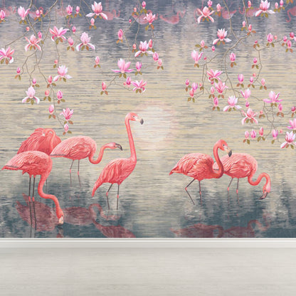 Lotus Pond Flamingo Wall Mural Tropical Non-Woven Material Wall Decor for Bedroom Yellow Clearhalo 'Wall Decor' 'Wall Mural' 1697337