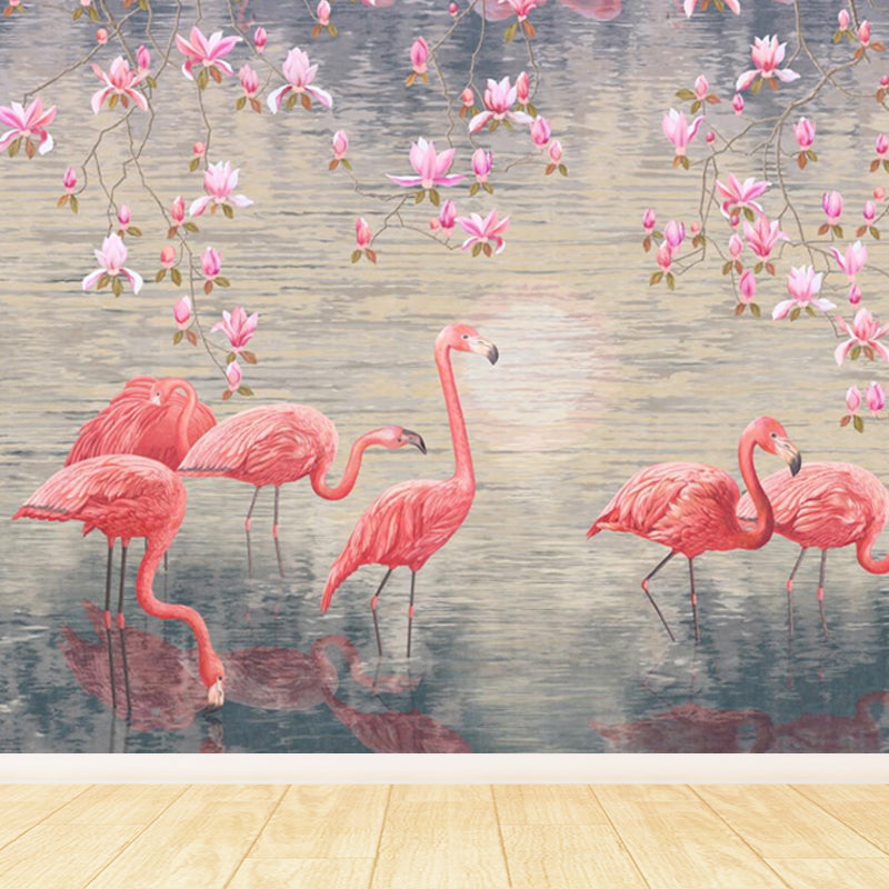 Lotus Pond Flamingo Wall Mural Tropical Non-Woven Material Wall Decor for Bedroom Clearhalo 'Wall Decor' 'Wall Mural' 1697338