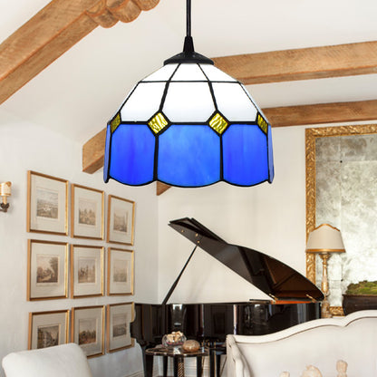 Tiffany-Style Bowl Pendulum Light 1 Head Handcrafted Art Glass Suspension Lamp in Green/Light Blue/Dark Blue for Living Room Dark Blue Clearhalo 'Ceiling Lights' 'Industrial' 'Middle Century Pendants' 'Pendant Lights' 'Pendants' 'Tiffany close to ceiling' 'Tiffany Pendants' 'Tiffany' Lighting' 169737