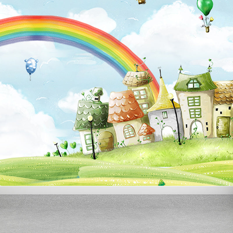 Large Cartoon Castle Wallpaper Mural Pastel Non-Woven Wall Art for House Decor, Custom Print Green Clearhalo 'Wall Decor' 'Wall Mural' 1697394