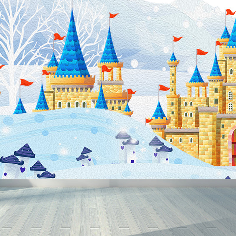 Large Cartoon Castle Wallpaper Mural Pastel Non-Woven Wall Art for House Decor, Custom Print Blue Clearhalo 'Wall Decor' 'Wall Mural' 1697399