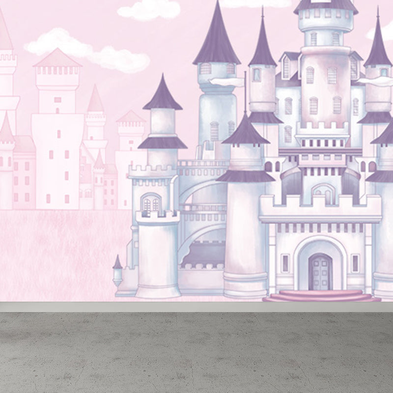 Large Cartoon Castle Wallpaper Mural Pastel Non-Woven Wall Art for House Decor, Custom Print Pink Clearhalo 'Wall Decor' 'Wall Mural' 1697409