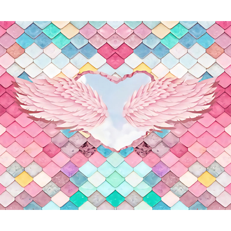 Pink Feather Wall Mural Wings with Fishscale Tile Modern Stain Resistant Wall Covering Clearhalo 'Wall Decor' 'Wall Mural' 1697432