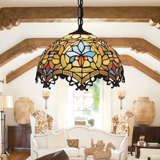 Victorian Style Hanging Lights for Dining Table, Stained Glass Domed Ceiling Fixture Yellow 16" Clearhalo 'Ceiling Lights' 'Industrial' 'Middle Century Pendants' 'Pendant Lights' 'Pendants' 'Tiffany close to ceiling' 'Tiffany Pendants' 'Tiffany' Lighting' 169745
