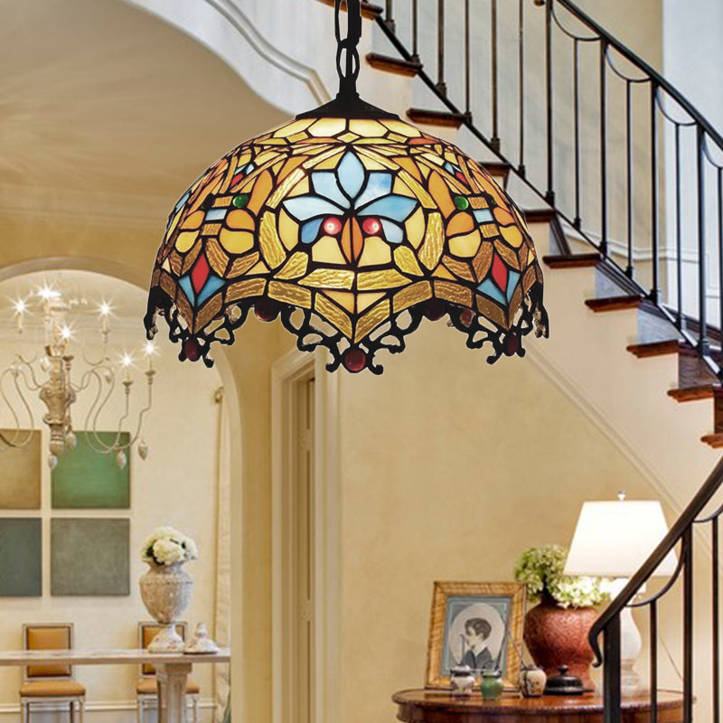 Victorian Style Hanging Lights for Dining Table, Stained Glass Domed Ceiling Fixture Yellow 12" Clearhalo 'Ceiling Lights' 'Industrial' 'Middle Century Pendants' 'Pendant Lights' 'Pendants' 'Tiffany close to ceiling' 'Tiffany Pendants' 'Tiffany' Lighting' 169746