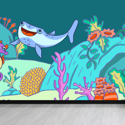Fantasy Sea Animal Mural Wallpaper Kids Style Non-Woven Fabric Wall Covering for Room Dark Blue Clearhalo 'Wall Decor' 'Wall Mural' 1697598